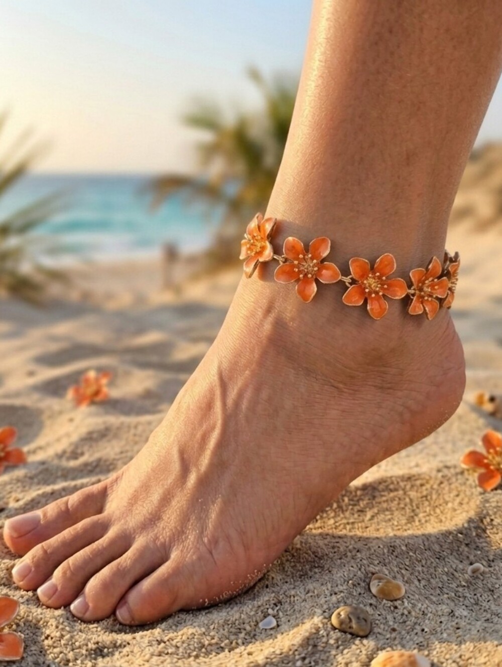Gold & Orange Enamel Flower Anklet Boho Floral Anklet Bracelet Summer Accesory